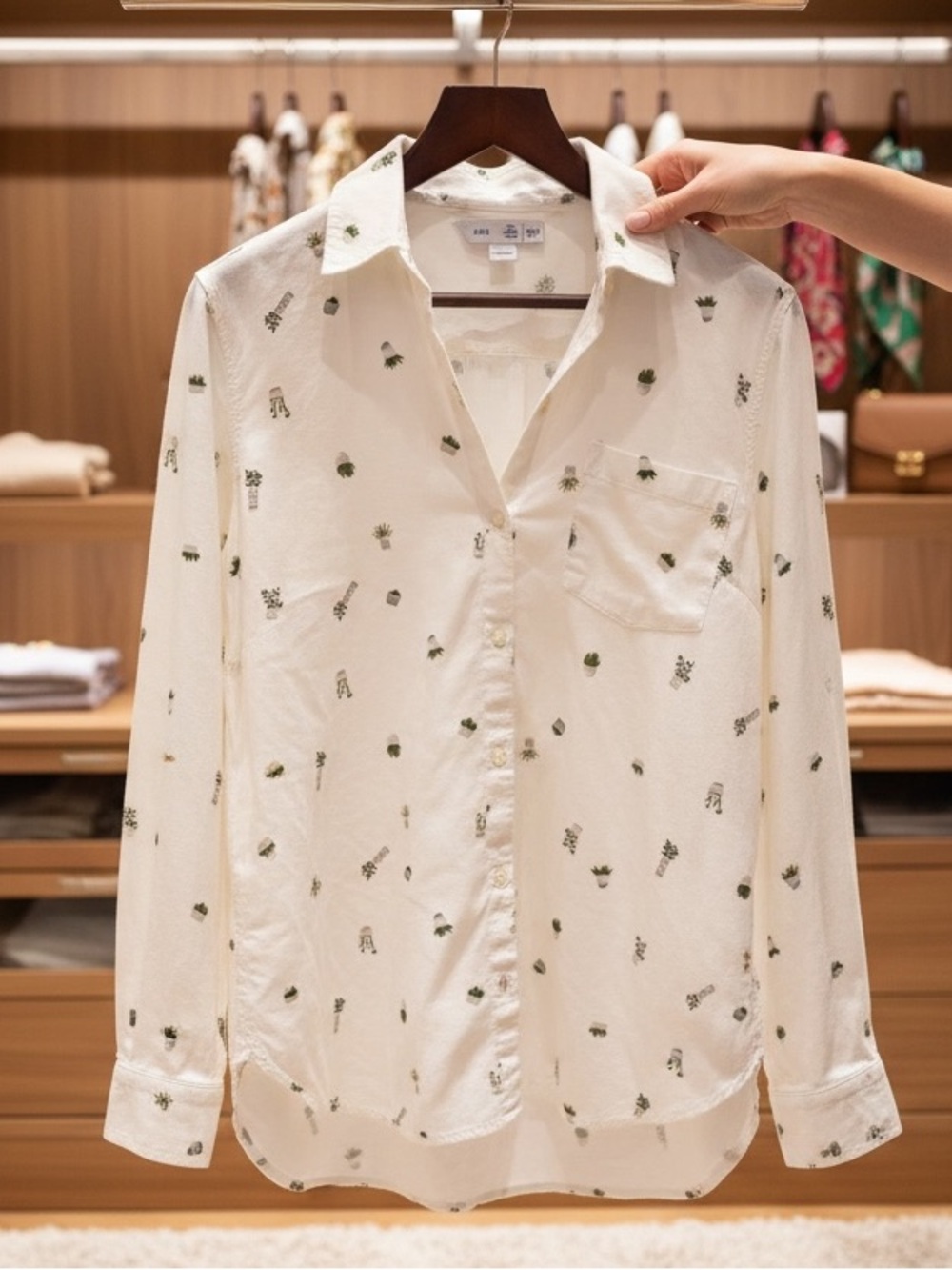 Old Navy Cream Button-Down Shirt with Green cactus